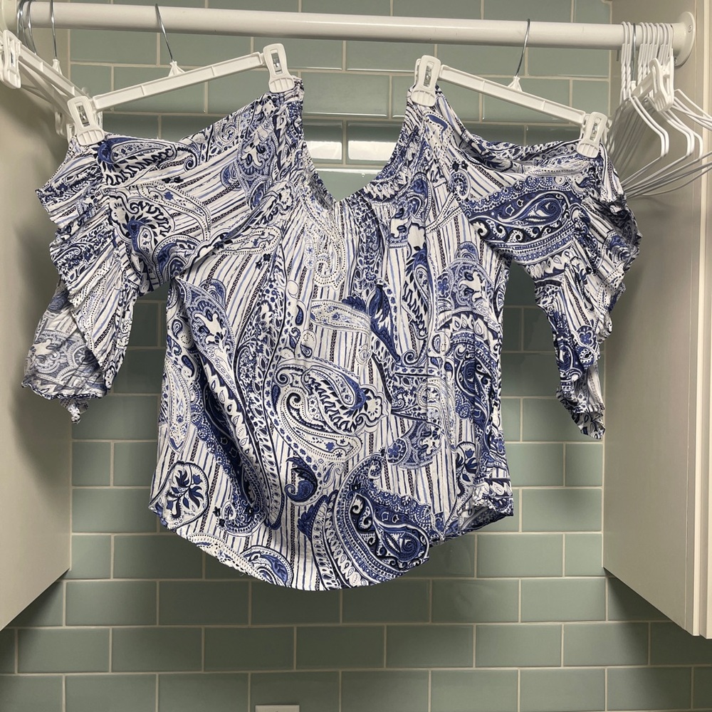 Women's Blue Paisley Off-Shoulder Top